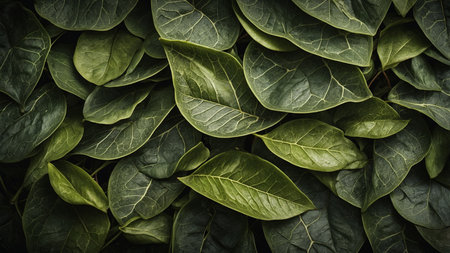 A detailed close-up of several green leaves showing their veins and intricate patterns, captured with natural lighting. The image emphasizes the beauty of nature's designs and textures. AI generated imageの写真素材