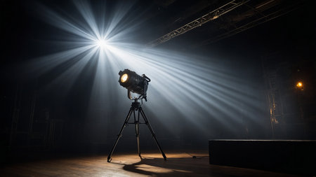 A powerful spotlight casts a focused beam of light in a dark room, creating visible light rays and dramatic cast shadows, emphasizing its intensity and focus in an otherwise dark setting. AI generated imageの写真素材