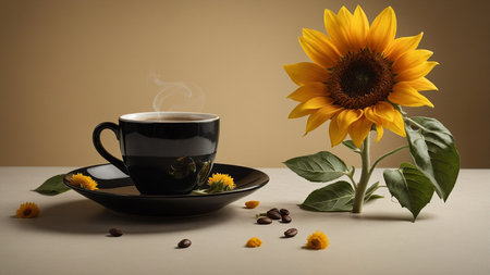 This image showcases a single sunflower beside a cup of coffee, surrounded by coffee beans on a light tan surface, creating a calm and inviting atmosphere perfect for promoting cozy moments or morning routines. AI generated imageの写真素材