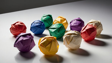 Crumpled paper balls in vibrant colors, including red, green, blue, yellow, and purple, placed on a white surface. The colorful arrangement creates a visually appealing spectrum. The picture emphasizes simplicity, creativity, and color variety. AI generated imageの写真素材