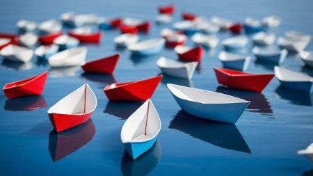 A group of colorful paper boats, featuring red, blue, and white colors, floating serenely on clear...