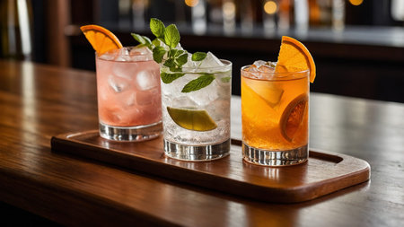 This image features three different cocktails, each with ice cubes and garnished with fruits and...