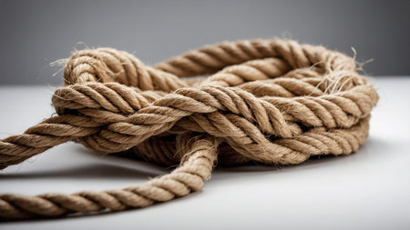 This image showcases a close-up view of a coiled rope highlighting its natural fibers, twisted...