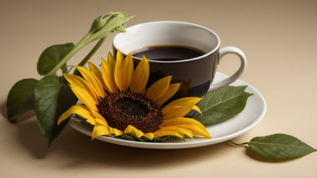 This image showcases a single sunflower beside a cup of coffee, surrounded by coffee beans on a light tan surface, creating a calm and inviting atmosphere perfect for promoting cozy moments or morning routines. AI generated imageの写真素材