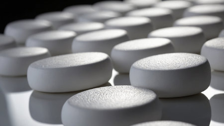 This image shows a close-up of numerous white circular pills meticulously arranged in rows on a reflective surface, capturing the low light ambience effectively and highlighting the uniformity and precision. AI generated imageの写真素材