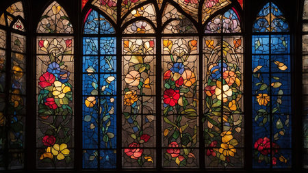 This stunning stained glass window showcases a vibrant display of flowers arranged in an intricately...