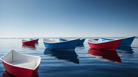 A group of colorful paper boats, featuring red, blue, and white colors, floating serenely on clear lake water with crisp reflections and under a bright, clear blue sky background. AI generated imageの写真素材