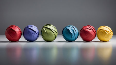 Crumpled paper balls in vibrant colors, including red, green, blue, yellow, and purple, placed on a white surface. The colorful arrangement creates a visually appealing spectrum. The picture emphasizes simplicity, creativity, and color variety. AI generated imageの写真素材