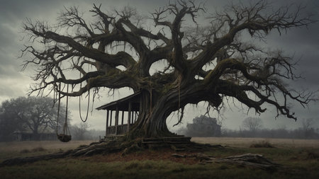 An abandoned, seemingly haunted house with a sprawling, ominous tree in front, set against a foggy and desolate backdrop, evoking feelings of isolation and mystery. AI generated imageの写真素材
