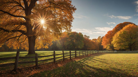A tranquil autumn morning featuring a path covered with orange leaves, bordered by a wooden fence and trees illuminated by golden sunlight, capturing the serene beauty of fall in a rural setting. AI generated imageの写真素材