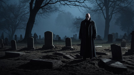 The image depicts a solitary person in a trench coat standing among gravestones in a shadowy, fog-covered, and bleak nighttime cemetery, creating a somber and chilling atmosphere. AI generated imageの写真素材