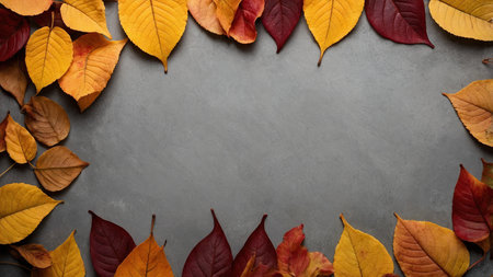 The image displays a top-down view of vibrant autumn leaves arranged in a border on a gray concrete background, highlighting the season's hues and artistic composition.の写真素材