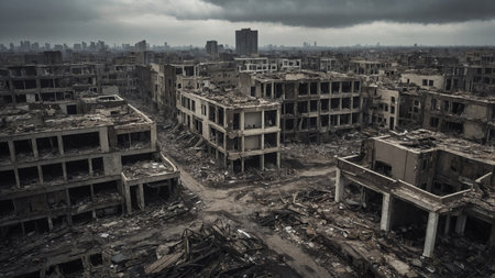 A haunting view of a desolate city with extensively damaged buildings under a dark, cloudy sky, creating an apocalyptic atmosphere in the ruins of an abandoned urban area. AI generated imageの写真素材
