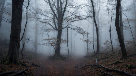 This image captures a misty, tranquil forest path lined with tall, bare trees and a carpet of fallen...