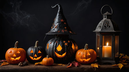 A collection of carved pumpkins with glowing faces arranged on a wooden table, complemented by autumn leaves and candles, setting a spooky Halloween atmosphere under a misty blue sky. AI generated imageの写真素材
