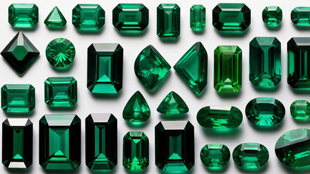 A collection of emerald gemstones in different shapes and cuts, showing the vibrant green color and clarity of each stone in an exquisite arrangement perfect for jewelry making and collection. AI generated imageの写真素材
