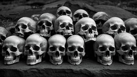 The black and white photograph shows a collection of skulls carefully arranged on a stone platform,...
