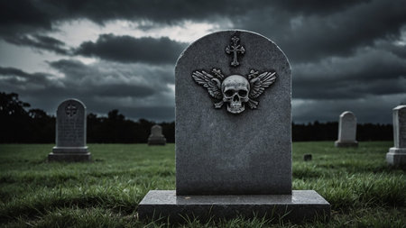 This image depicts a dark and moody cemetery with a prominent tombstone in the foreground and a...