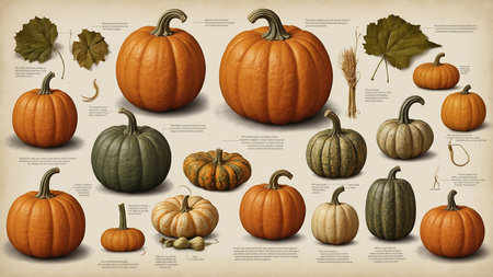This image showcases a diverse assortment of pumpkins, featuring different shapes, sizes, and colors, including orange, green, white, and striped varieties, all beautifully arranged together. AI generated imageの写真素材