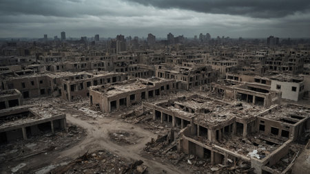 A haunting view of a desolate city with extensively damaged buildings under a dark, cloudy sky, creating an apocalyptic atmosphere in the ruins of an abandoned urban area. AI generated imageの写真素材