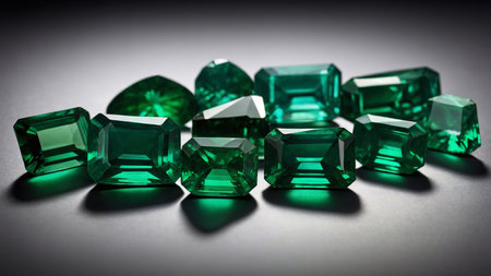 A collection of emerald gemstones in different shapes and cuts, showing the vibrant green color and clarity of each stone in an exquisite arrangement perfect for jewelry making and collection. AI generated imageの写真素材