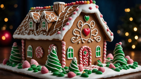 This vibrant image showcases a meticulously crafted gingerbread house adorned with colorful candies, icing, and festive decorations, evoking warmth and holiday cheer in an artistic setting. AI generated imageの写真素材