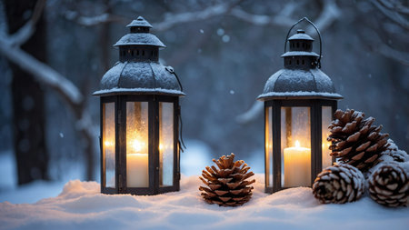 The image portrays a serene winter scene with a blue lantern casting a warm glow, surrounded by pine cones on a snow-covered ground under dim light in a forest setting. AI generated imageの写真素材