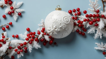 This image features a white Christmas ornament adorned with intricate designs, complemented by red berries and snowy pine branches, all set against a light blue background, evoking a festive winter feel. AI generated imageの写真素材