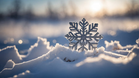 A large snowflake stands out in the snow, glittering with intricate patterns against a golden, sunlit background, representing the beauty of winter and the artistry of nature. AI generated imageの写真素材