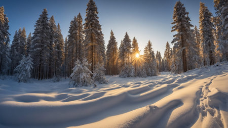 A serene snowy forest at sunrise, tall pine trees stand majestically under a clear sky, bathed in golden light, creating a tranquil atmosphere. Perfect winter landscape for nature lovers and winter enthusiasts. AI generated imageの写真素材