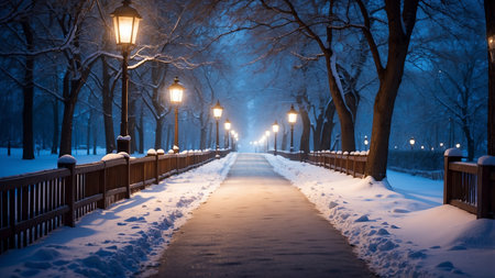 A serene winter scene showcasing a snow-covered pathway lined with illuminated street lamps and bare trees creating a picturesque and tranquil evening atmosphere in the park. AI generated imageの写真素材