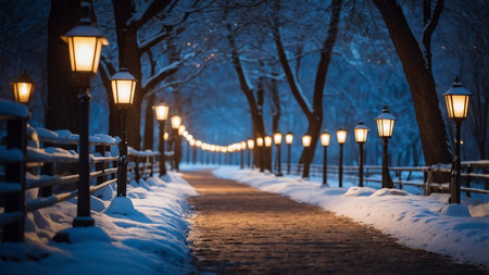 A serene winter scene showcasing a snow-covered pathway lined with illuminated street lamps and bare trees creating a picturesque and tranquil evening atmosphere in the park. AI generated imageの写真素材