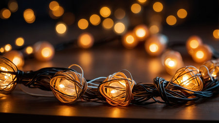 The image showcases warmly lit, artistic string lights, arranged in a circular pattern, creating a...