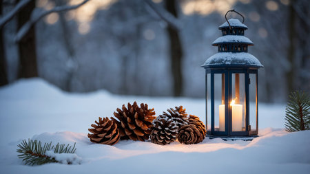 The image portrays a serene winter scene with a blue lantern casting a warm glow, surrounded by pine cones on a snow-covered ground under dim light in a forest setting. AI generated imageの写真素材