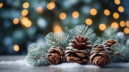 This festive image showcases decorative pinecones nestled among snowy evergreen branches,...