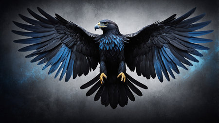This stunning image showcases a dark bird with vibrant blue feathers, wings fully extended against a dramatic, stormy background, embodying a sense of power and beauty in flight. AI generated imageの写真素材