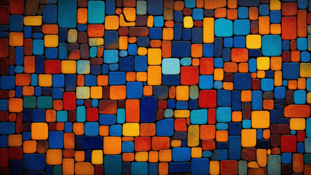A vibrant mosaic consisting of multiple rectangular tiles in rich hues of blue, orange, red, and yellow, creating a vividly and intricately geometric pattern. AI generated imageの写真素材