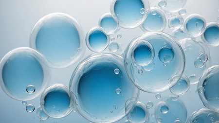 The image presents numerous transparent and reflective bubbles floating amidst a gradient blue backdrop that evokes a sense of tranquility and lightness, emphasizing their ethereal nature. AI generated imageの写真素材
