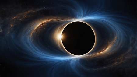 This mesmerizing image depicts a black hole at the center of space, with swirling blue and fiery...