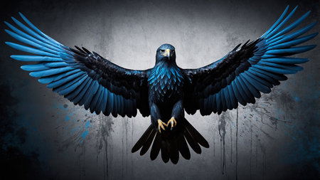 This stunning image showcases a dark bird with vibrant blue feathers, wings fully extended against a dramatic, stormy background, embodying a sense of power and beauty in flight. AI generated imageの写真素材