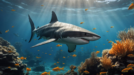 A stunning underwater scene of a majestic shark swimming among schools of golden fish amidst vibrant coral, with rays of sunlight shining through the tranquil blue water, creating a serene atmosphere. AI generated imageの写真素材
