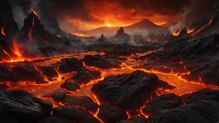 A breathtaking scene of a volcanic landscape at sunset, featuring burning lava flows, jagged volcanic rocks, and a fiery sky, capturing the intensity and raw power of nature's fury. AI generated imageの写真素材