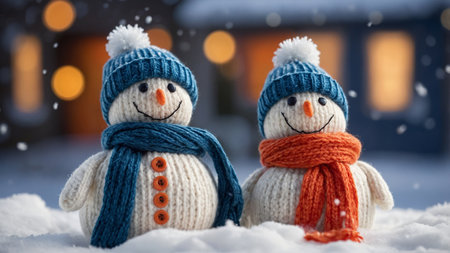 The image depicts two adorable knitted snowmen wearing colorful scarfs and hats, smiling joyfully against a snowy winter background, evoking warmth and festive cheer. AI generated imageの写真素材