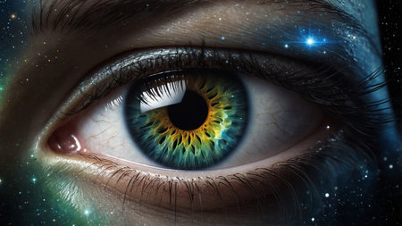 This captivating image showcases the intricate details of a human eye, featuring an iris that resembles a galaxy, surrounded by vibrant and contrasting hues, blending art and nature seamlessly. AI generated imageの写真素材