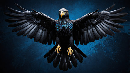 A stunning black bird with outspread wings displays its iridescent feathers against a striking blue background. The image captures the elegance and power of the bird in full flight, emphasizing its beauty and grace. AI generated imageの写真素材