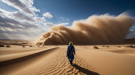 A solitary person walks in a vast desert landscape at sunset, as a massive sandstorm approaches and dramatic clouds build in the sky, hinting at the impending weather change.の写真素材
