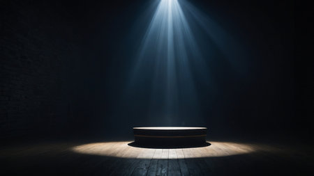 This image shows a dimly lit empty stage with a wooden floor, illuminated by spotlights from above, creating a dramatic and mysterious atmosphere perfect for performances. AI generated imageの写真素材