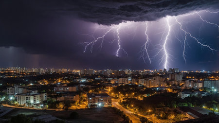 A powerful lightning storm strikes a cityscape, illuminating the night sky with electric bolts and highlighting the urban landscape, creating a dramatic and awe-inspiring view of nature's fury. AI generated imageの写真素材