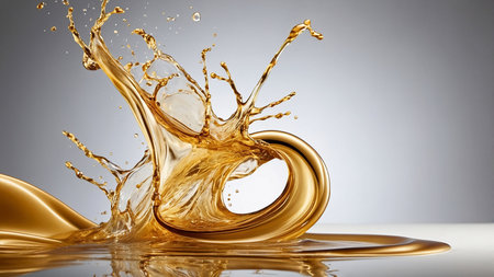A vibrant image depicting dynamic splashes and flowing shapes of golden liquid in mid-motion, set against a neutral background, conveying energy and fluidity in abstract art form. AI generated imageの写真素材