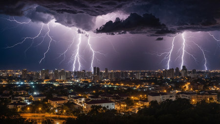 A powerful lightning storm strikes a cityscape, illuminating the night sky with electric bolts and highlighting the urban landscape, creating a dramatic and awe-inspiring view of nature's fury. AI generated imageの写真素材